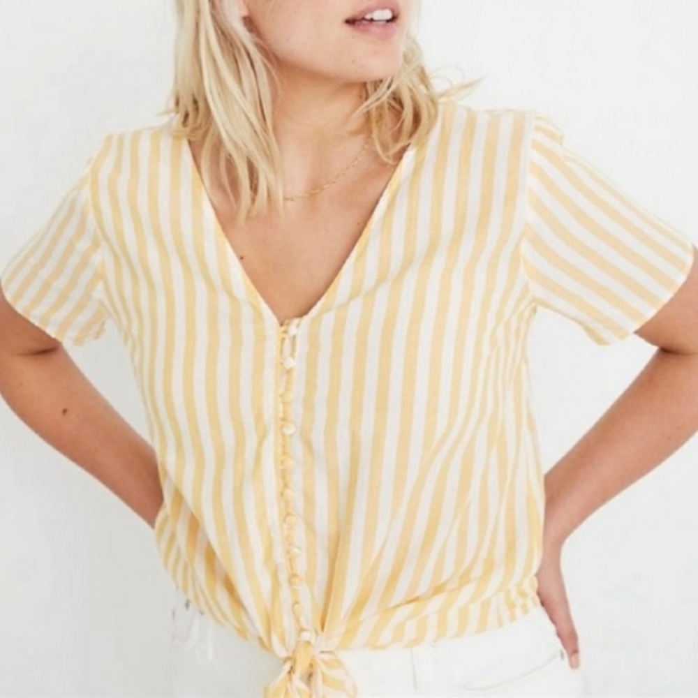 Madewell Agency Coastal Boho Yellow Striped Tie Front Button Top XXS